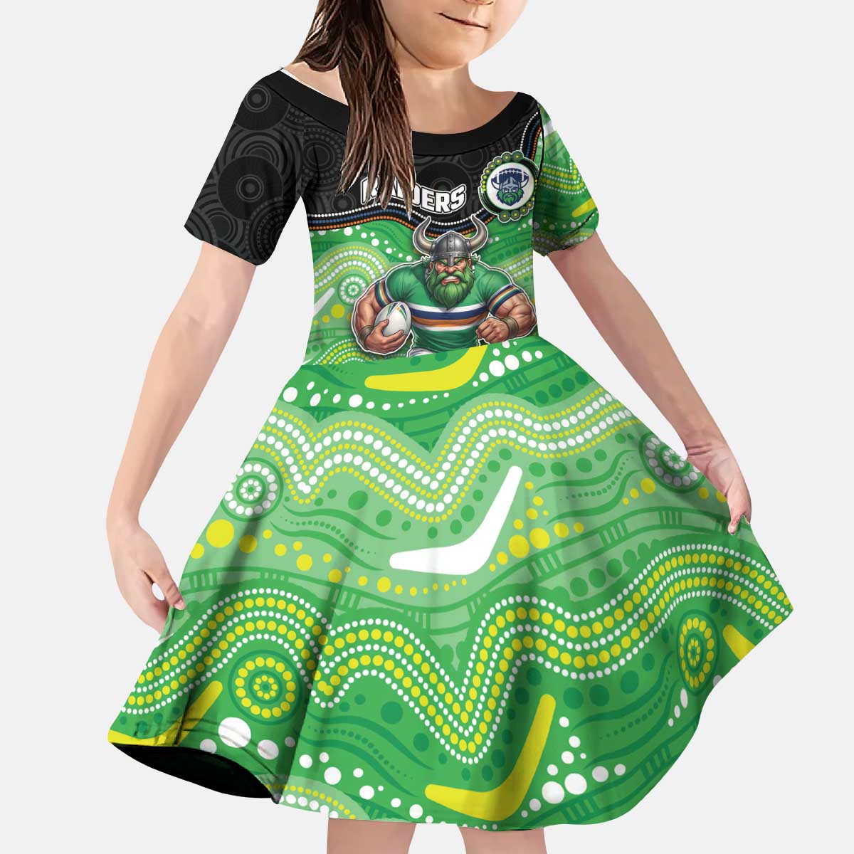Custom Raiders Kid Short Sleeve Dress Viking Mascot With Aboriginal Indigenous