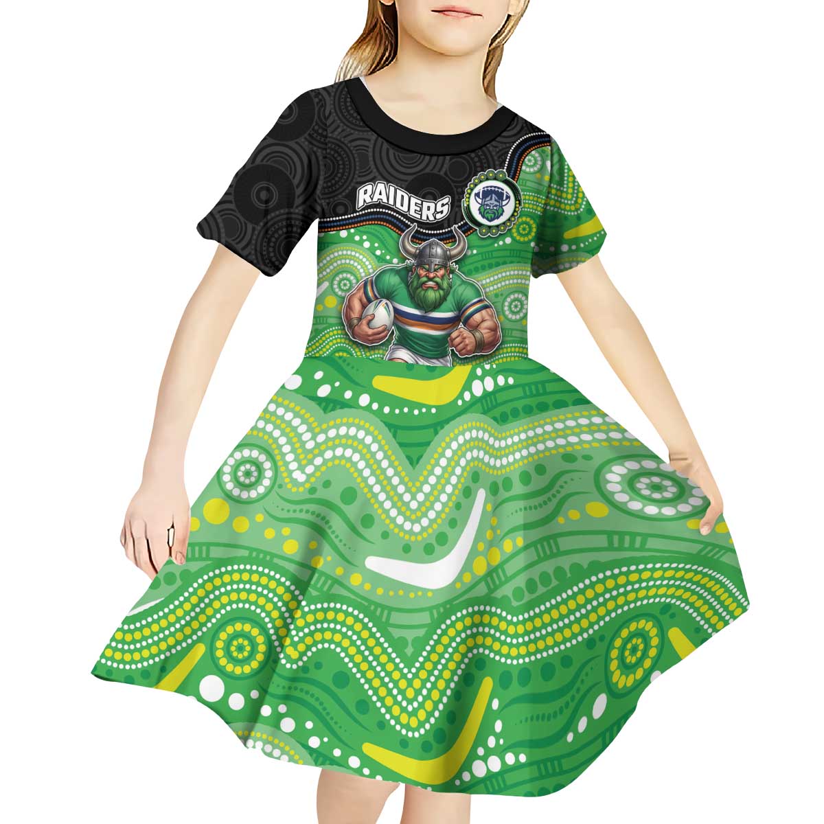 Custom Raiders Kid Short Sleeve Dress Viking Mascot With Aboriginal Indigenous