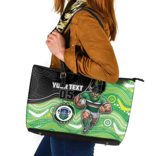Custom Raiders Leather Tote Bag Viking Mascot With Aboriginal Indigenous