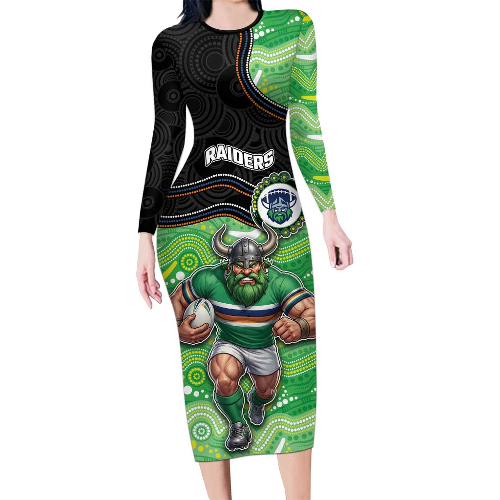 Custom Raiders Long Sleeve Bodycon Dress Viking Mascot With Aboriginal Indigenous