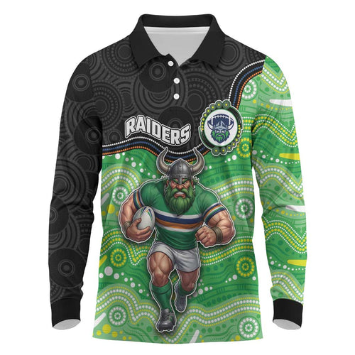 Custom Raiders Long Sleeve Polo Shirt Viking Mascot With Aboriginal Indigenous