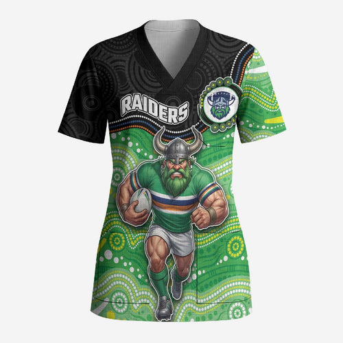 Custom Raiders Scrub Top Viking Mascot With Aboriginal Indigenous