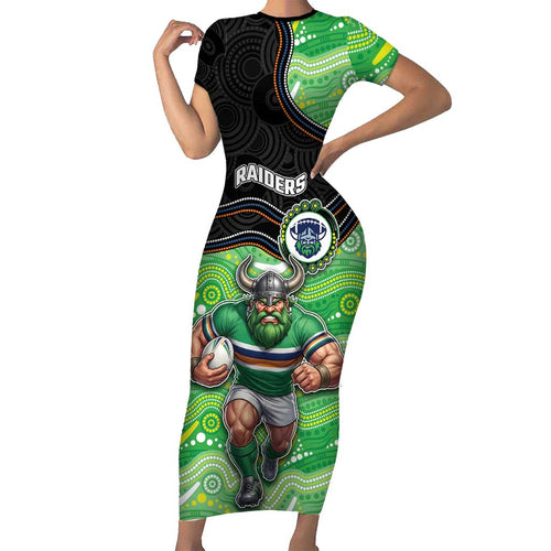 Custom Raiders Short Sleeve Bodycon Dress Viking Mascot With Aboriginal Indigenous