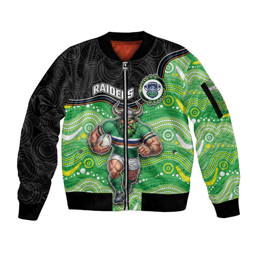Custom Raiders Sleeve Zip Bomber Jacket Viking Mascot With Aboriginal Indigenous