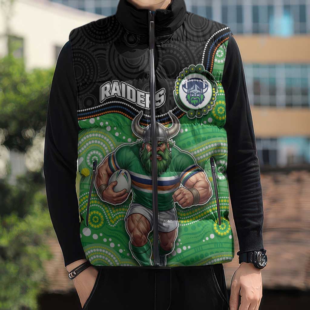 Custom Raiders Sleeveless Puffer Jacket Viking Mascot With Aboriginal Indigenous