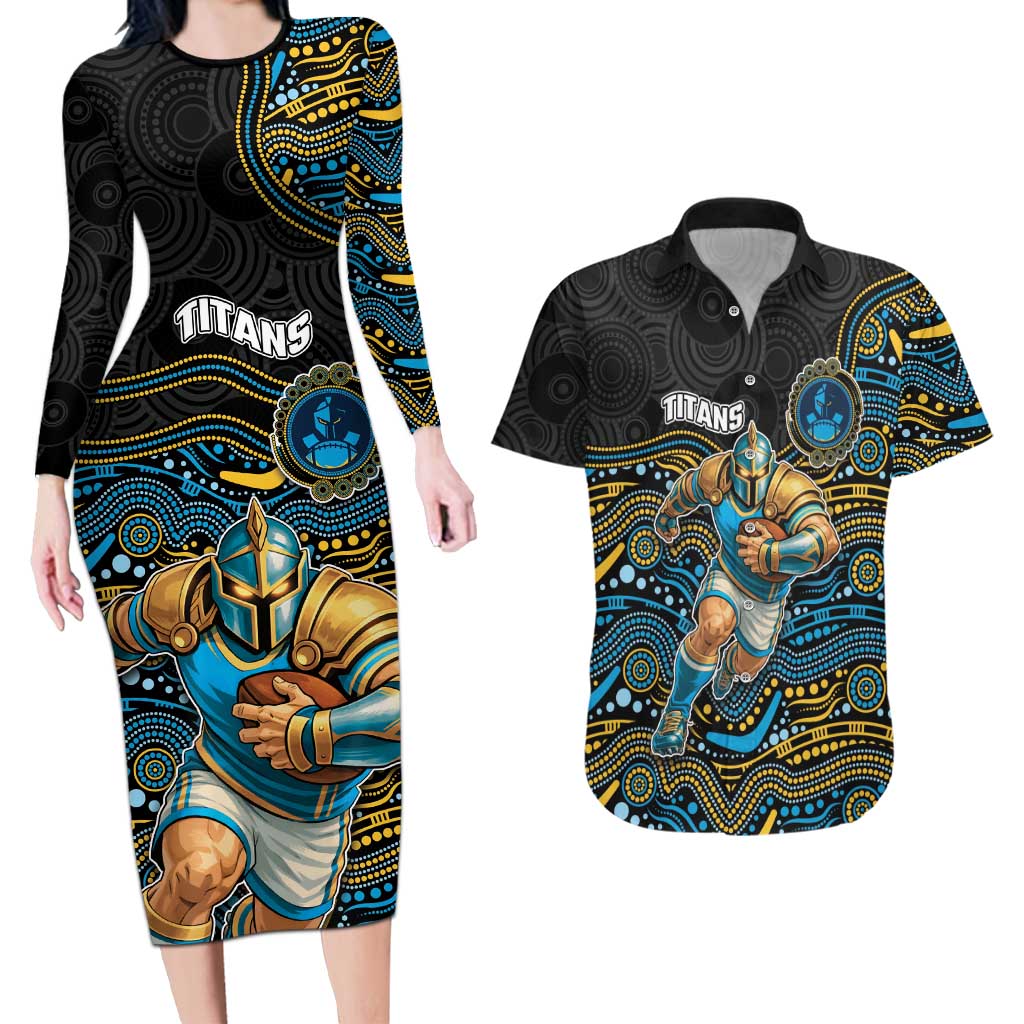 Custom Titans Couples Matching Long Sleeve Bodycon Dress and Hawaiian Shirt Knight Mascot With Aboriginal Indigenous