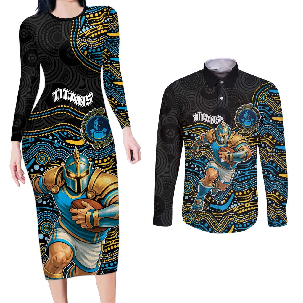 Custom Titans Couples Matching Long Sleeve Bodycon Dress and Long Sleeve Button Shirt Knight Mascot With Aboriginal Indigenous