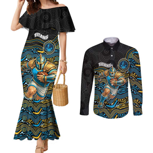 Custom Titans Couples Matching Mermaid Dress and Long Sleeve Button Shirt Knight Mascot With Aboriginal Indigenous
