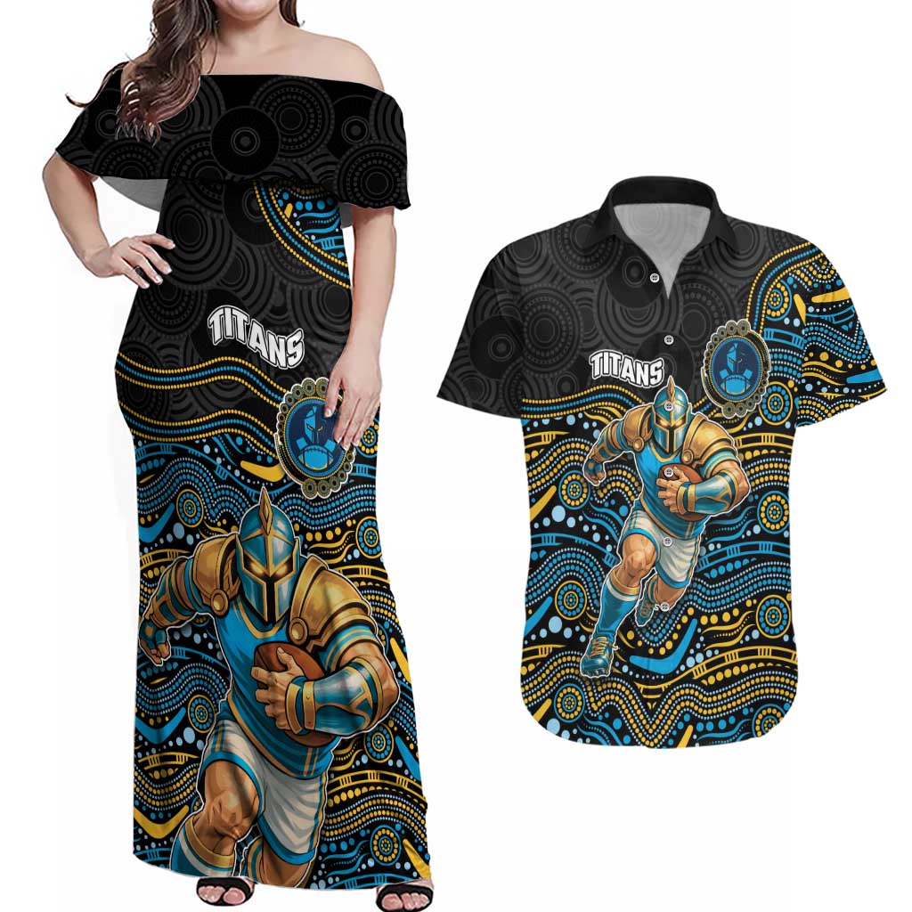 Custom Titans Couples Matching Off Shoulder Maxi Dress and Hawaiian Shirt Knight Mascot With Aboriginal Indigenous