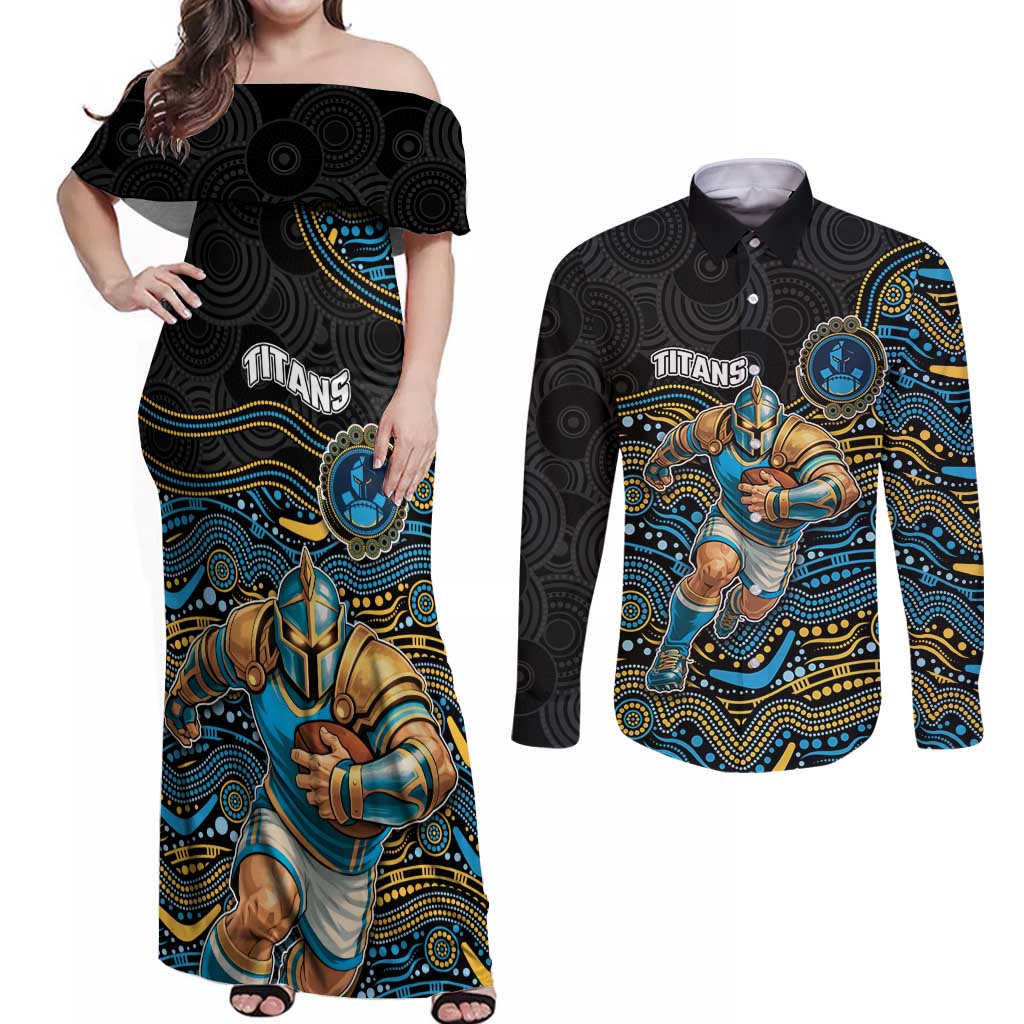 Custom Titans Couples Matching Off Shoulder Maxi Dress and Long Sleeve Button Shirt Knight Mascot With Aboriginal Indigenous