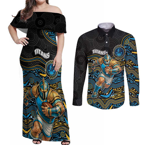 Custom Titans Couples Matching Off Shoulder Maxi Dress and Long Sleeve Button Shirt Knight Mascot With Aboriginal Indigenous