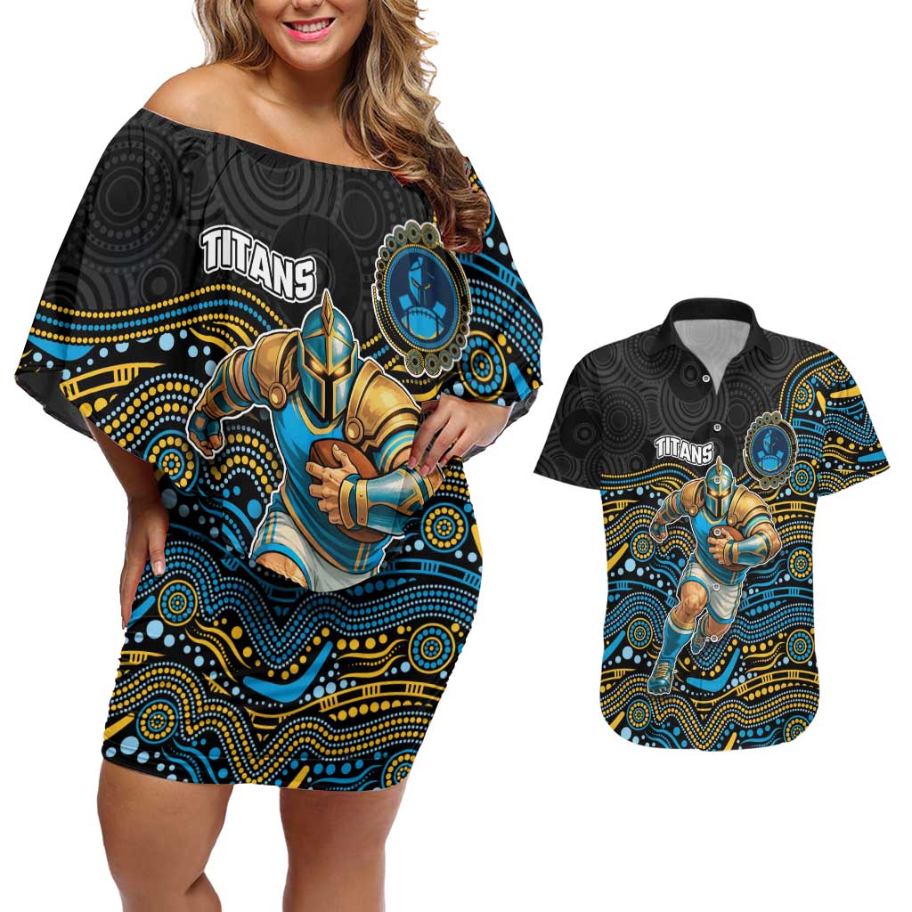 Custom Titans Couples Matching Off Shoulder Short Dress and Hawaiian Shirt Knight Mascot With Aboriginal Indigenous