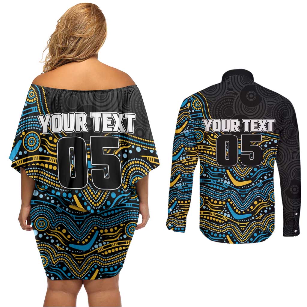 Custom Titans Couples Matching Off Shoulder Short Dress and Long Sleeve Button Shirt Knight Mascot With Aboriginal Indigenous