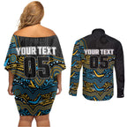 Custom Titans Couples Matching Off Shoulder Short Dress and Long Sleeve Button Shirt Knight Mascot With Aboriginal Indigenous