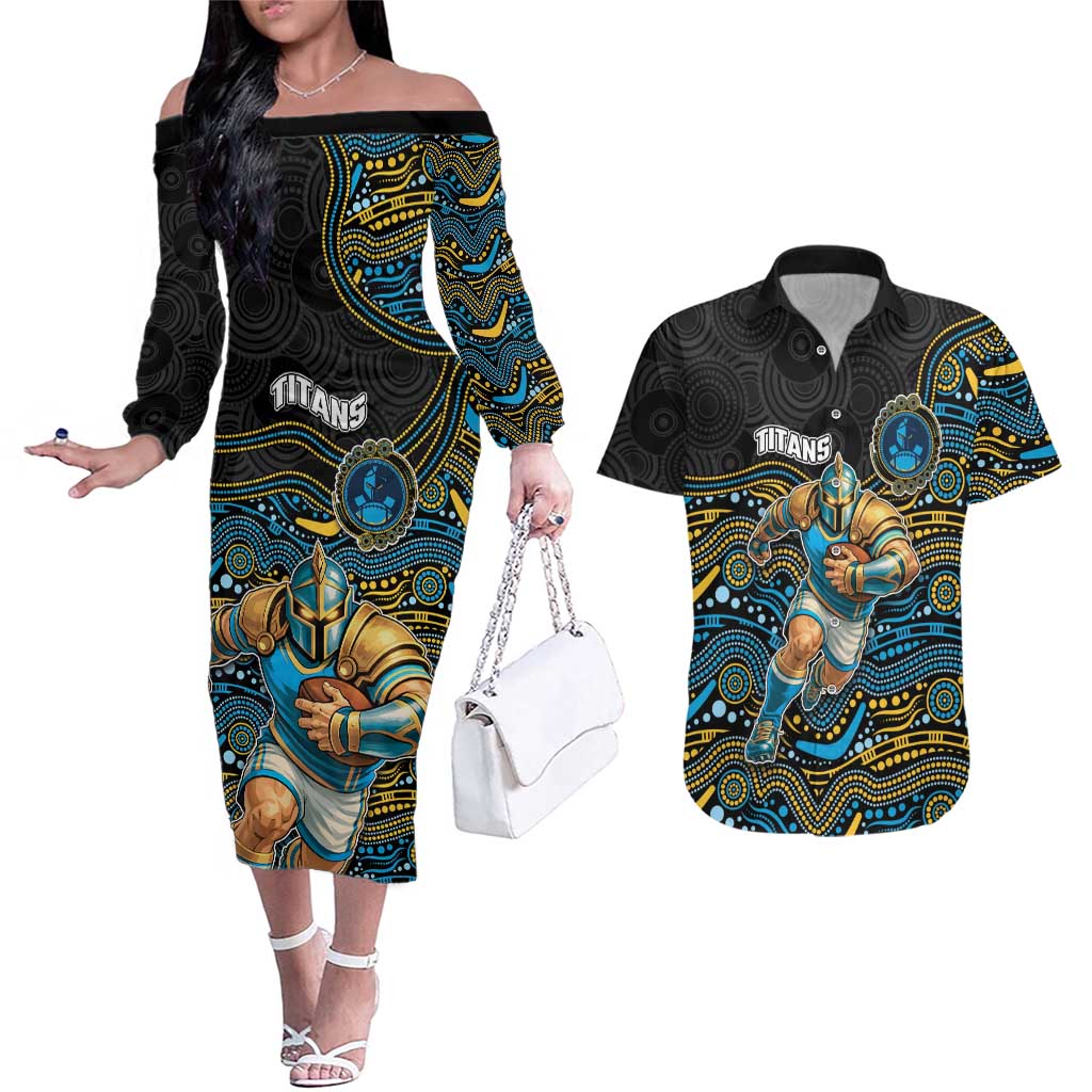 Custom Titans Couples Matching Off The Shoulder Long Sleeve Dress and Hawaiian Shirt Knight Mascot With Aboriginal Indigenous