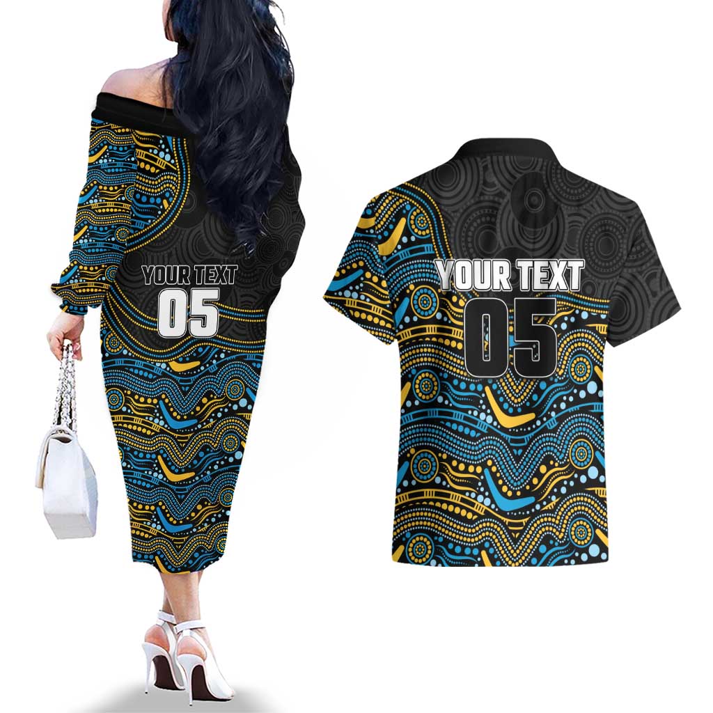 Custom Titans Couples Matching Off The Shoulder Long Sleeve Dress and Hawaiian Shirt Knight Mascot With Aboriginal Indigenous