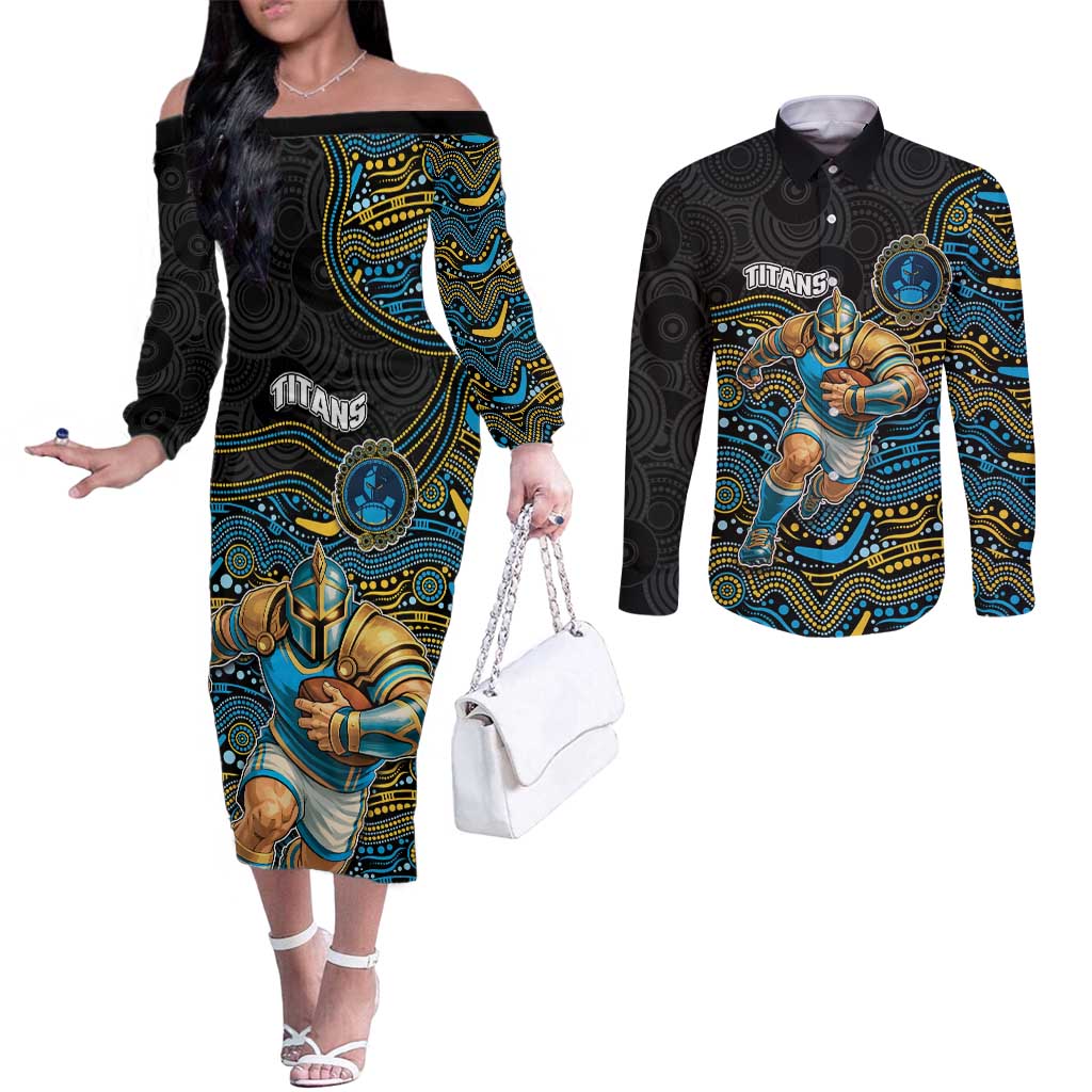Custom Titans Couples Matching Off The Shoulder Long Sleeve Dress and Long Sleeve Button Shirt Knight Mascot With Aboriginal Indigenous