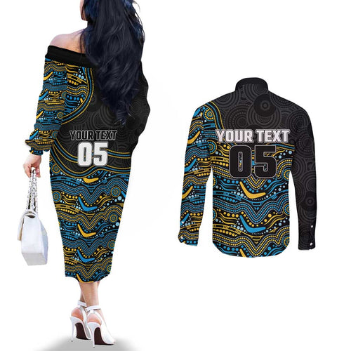 Custom Titans Couples Matching Off The Shoulder Long Sleeve Dress and Long Sleeve Button Shirt Knight Mascot With Aboriginal Indigenous