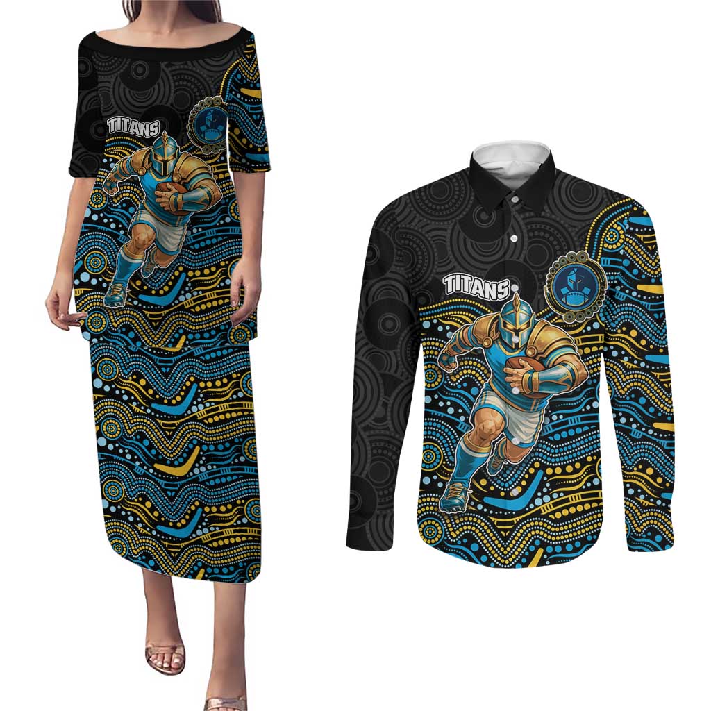 Custom Titans Couples Matching Puletasi and Long Sleeve Button Shirt Knight Mascot With Aboriginal Indigenous
