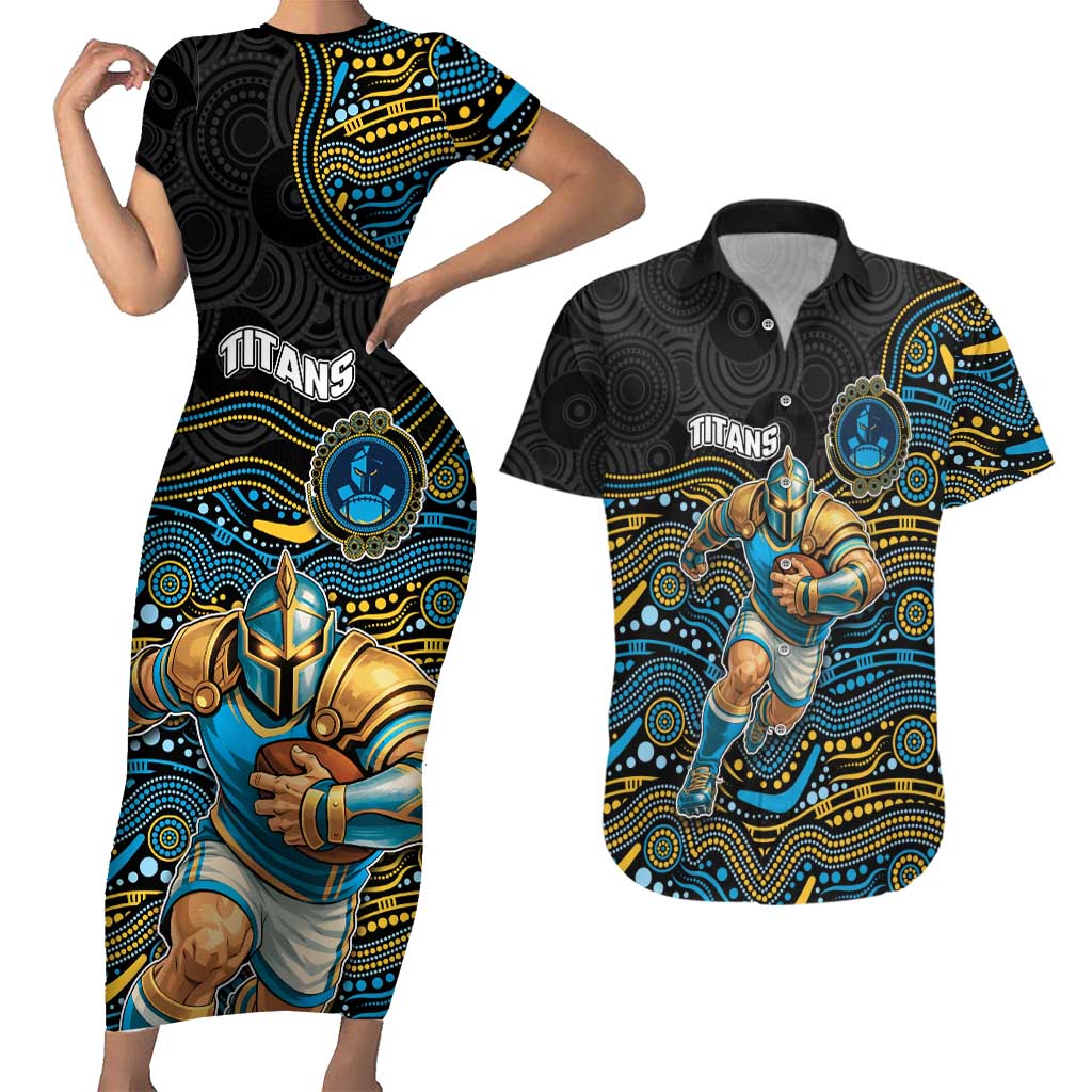 Custom Titans Couples Matching Short Sleeve Bodycon Dress and Hawaiian Shirt Knight Mascot With Aboriginal Indigenous