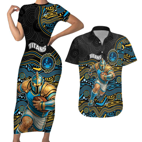 Custom Titans Couples Matching Short Sleeve Bodycon Dress and Hawaiian Shirt Knight Mascot With Aboriginal Indigenous