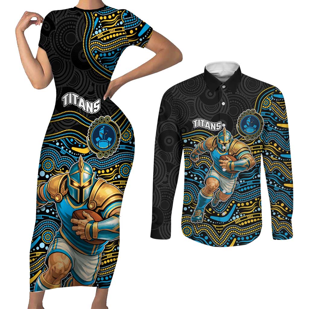 Custom Titans Couples Matching Short Sleeve Bodycon Dress and Long Sleeve Button Shirt Knight Mascot With Aboriginal Indigenous