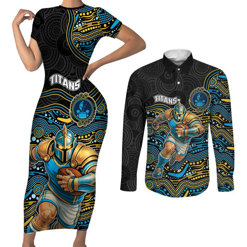 Custom Titans Couples Matching Short Sleeve Bodycon Dress and Long Sleeve Button Shirt Knight Mascot With Aboriginal Indigenous
