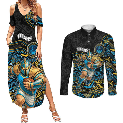 Custom Titans Couples Matching Summer Maxi Dress and Long Sleeve Button Shirt Knight Mascot With Aboriginal Indigenous
