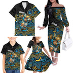 Custom Titans Family Matching Off The Shoulder Long Sleeve Dress and Hawaiian Shirt Knight Mascot With Aboriginal Indigenous