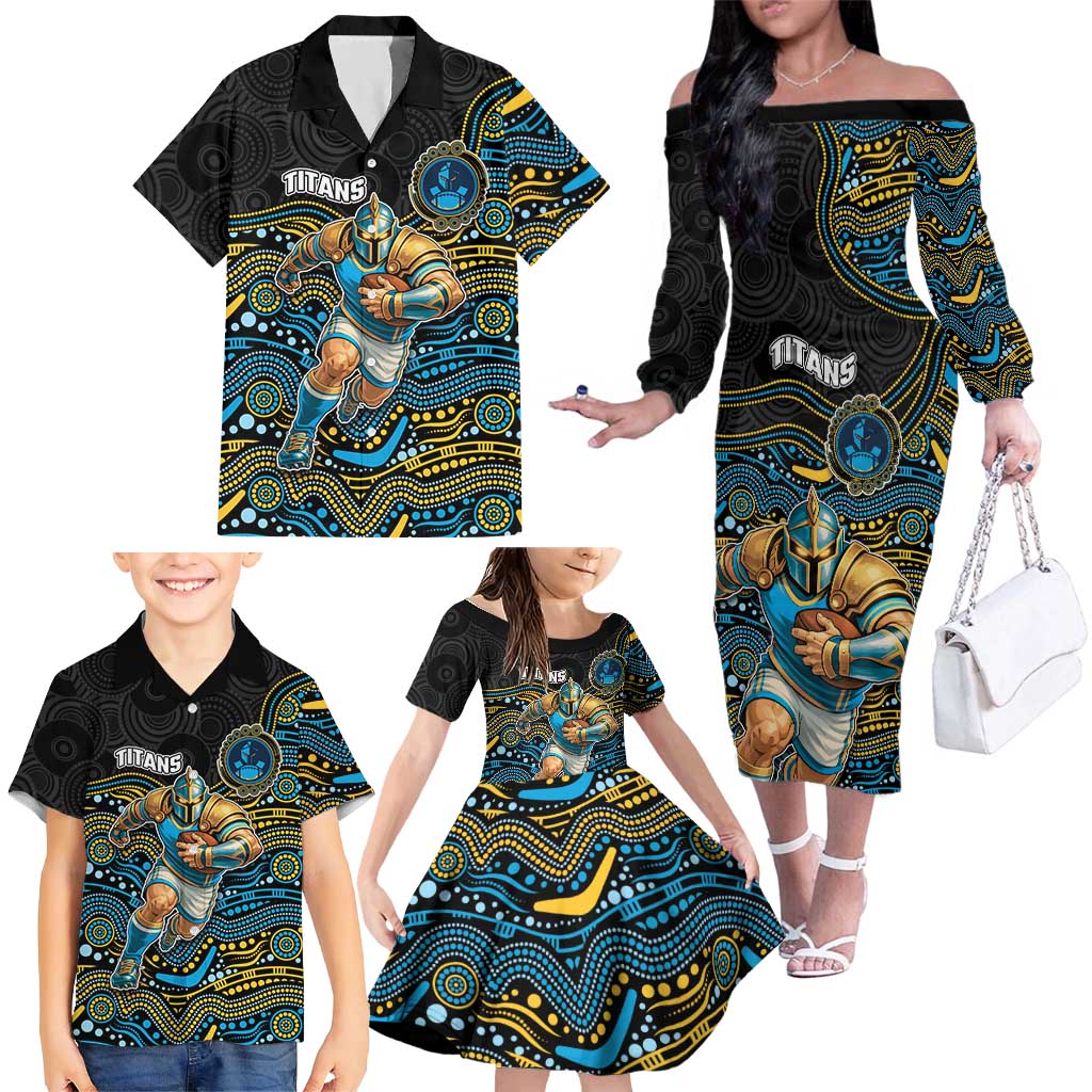 Custom Titans Family Matching Off The Shoulder Long Sleeve Dress and Hawaiian Shirt Knight Mascot With Aboriginal Indigenous