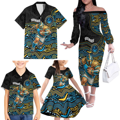 Custom Titans Family Matching Off The Shoulder Long Sleeve Dress and Hawaiian Shirt Knight Mascot With Aboriginal Indigenous