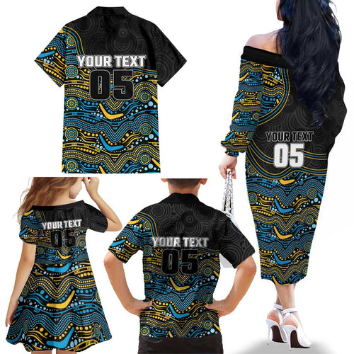 Custom Titans Family Matching Off The Shoulder Long Sleeve Dress and Hawaiian Shirt Knight Mascot With Aboriginal Indigenous