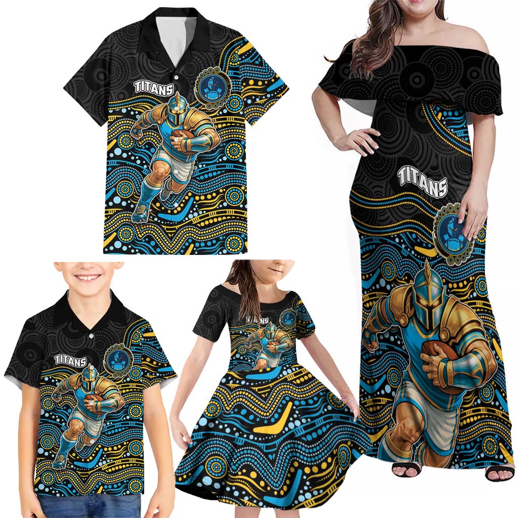 Custom Titans Family Matching Off Shoulder Maxi Dress and Hawaiian Shirt Knight Mascot With Aboriginal Indigenous