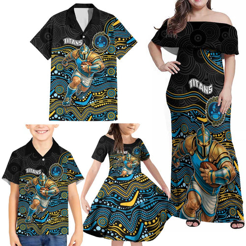 Custom Titans Family Matching Off Shoulder Maxi Dress and Hawaiian Shirt Knight Mascot With Aboriginal Indigenous