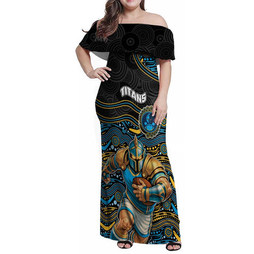 Custom Titans Family Matching Off Shoulder Maxi Dress and Hawaiian Shirt Knight Mascot With Aboriginal Indigenous