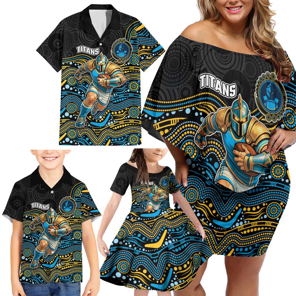 Custom Titans Family Matching Off Shoulder Short Dress and Hawaiian Shirt Knight Mascot With Aboriginal Indigenous