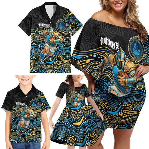 Custom Titans Family Matching Off Shoulder Short Dress and Hawaiian Shirt Knight Mascot With Aboriginal Indigenous