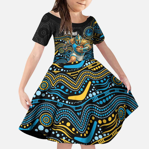 Custom Titans Family Matching Off Shoulder Short Dress and Hawaiian Shirt Knight Mascot With Aboriginal Indigenous