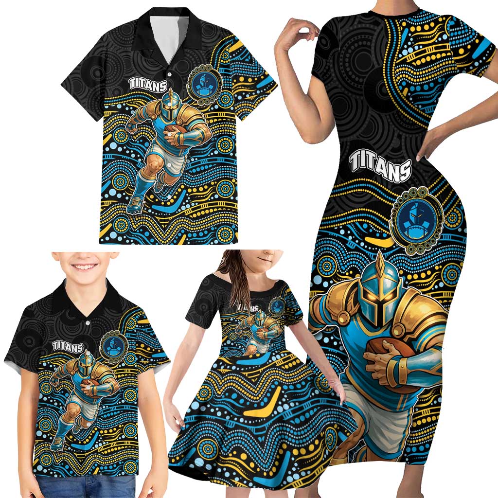 Custom Titans Family Matching Short Sleeve Bodycon Dress and Hawaiian Shirt Knight Mascot With Aboriginal Indigenous