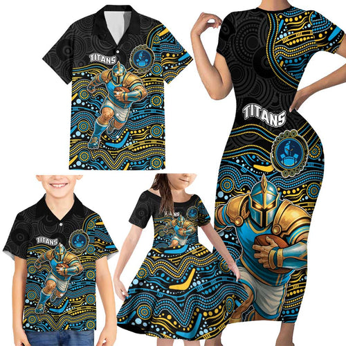 Custom Titans Family Matching Short Sleeve Bodycon Dress and Hawaiian Shirt Knight Mascot With Aboriginal Indigenous