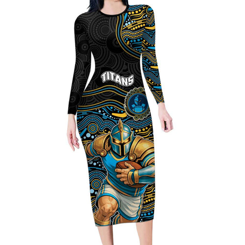 Custom Titans Long Sleeve Bodycon Dress Knight Mascot With Aboriginal Indigenous
