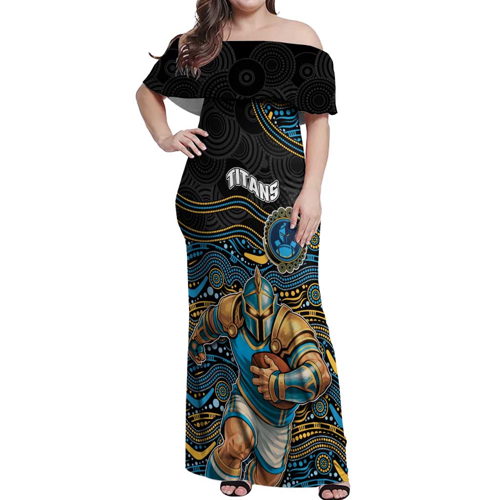 Custom Titans Off Shoulder Maxi Dress Knight Mascot With Aboriginal Indigenous