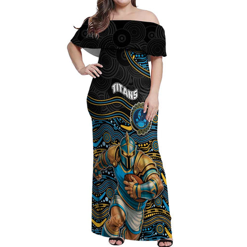 Custom Titans Off Shoulder Maxi Dress Knight Mascot With Aboriginal Indigenous