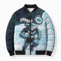 Custom Sharks Bomber Puffer Jacket Fish Mascot With Aboriginal Indigenous