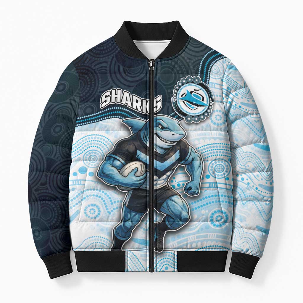 Custom Sharks Bomber Puffer Jacket Fish Mascot With Aboriginal Indigenous