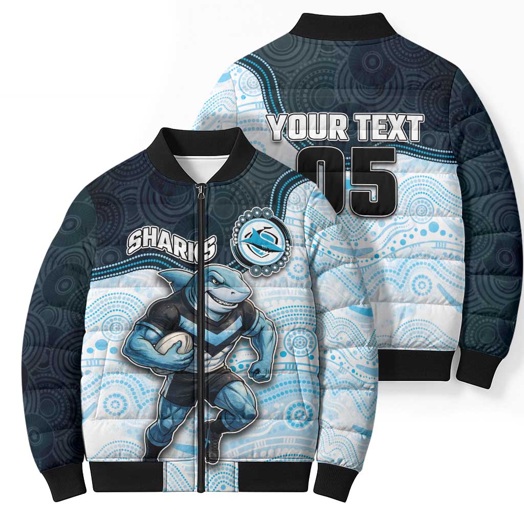 Custom Sharks Bomber Puffer Jacket Fish Mascot With Aboriginal Indigenous