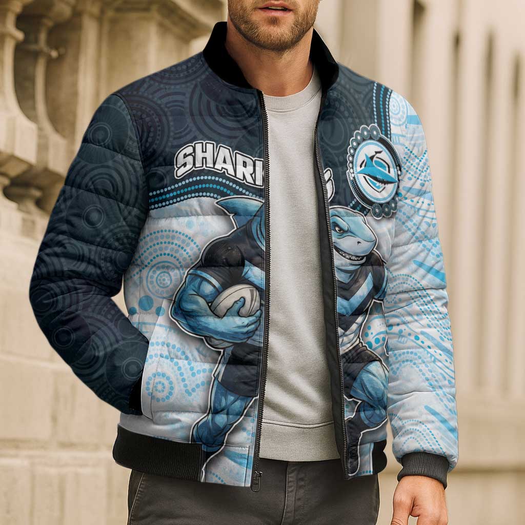 Custom Sharks Bomber Puffer Jacket Fish Mascot With Aboriginal Indigenous