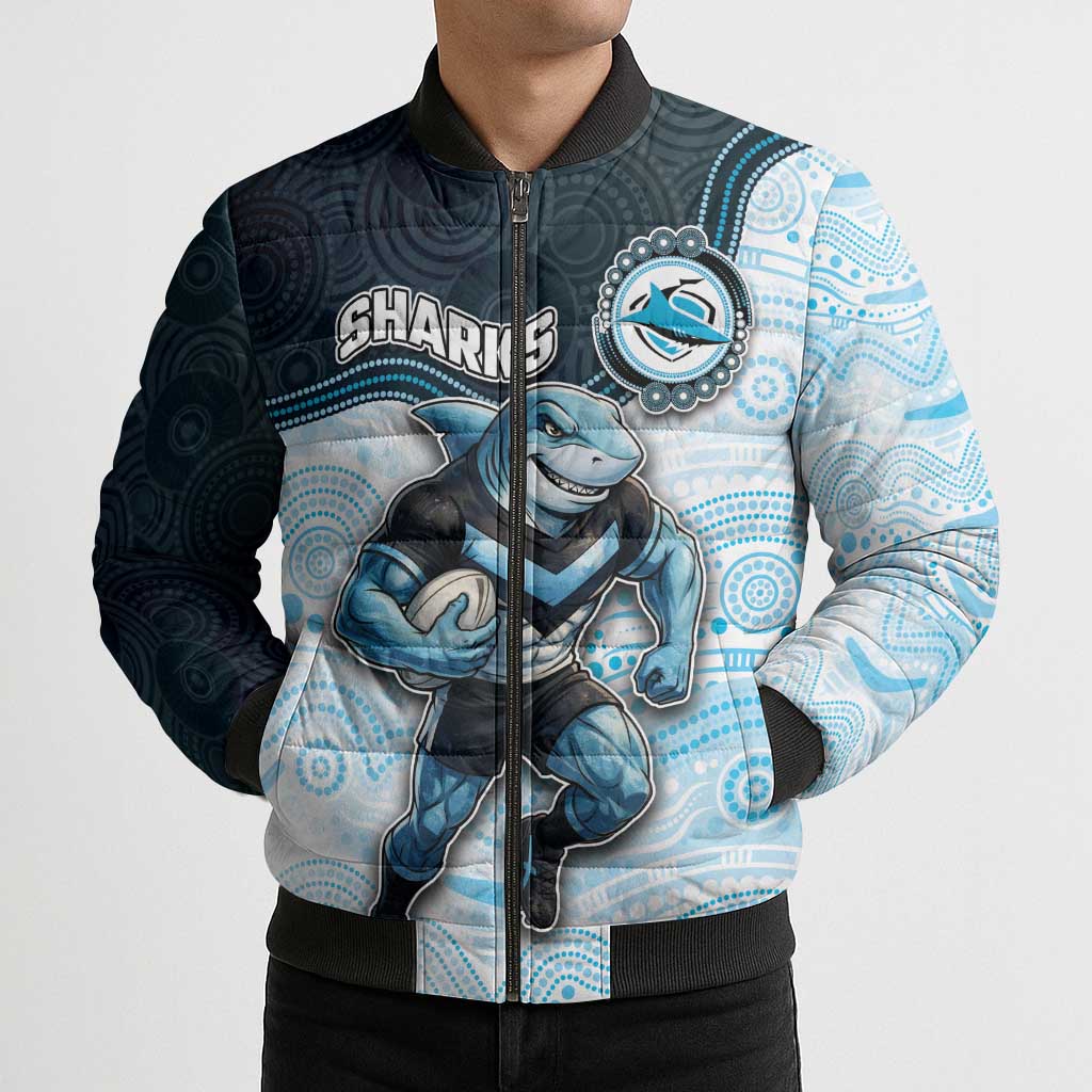 Custom Sharks Bomber Puffer Jacket Fish Mascot With Aboriginal Indigenous