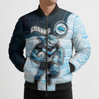 Custom Sharks Bomber Puffer Jacket Fish Mascot With Aboriginal Indigenous