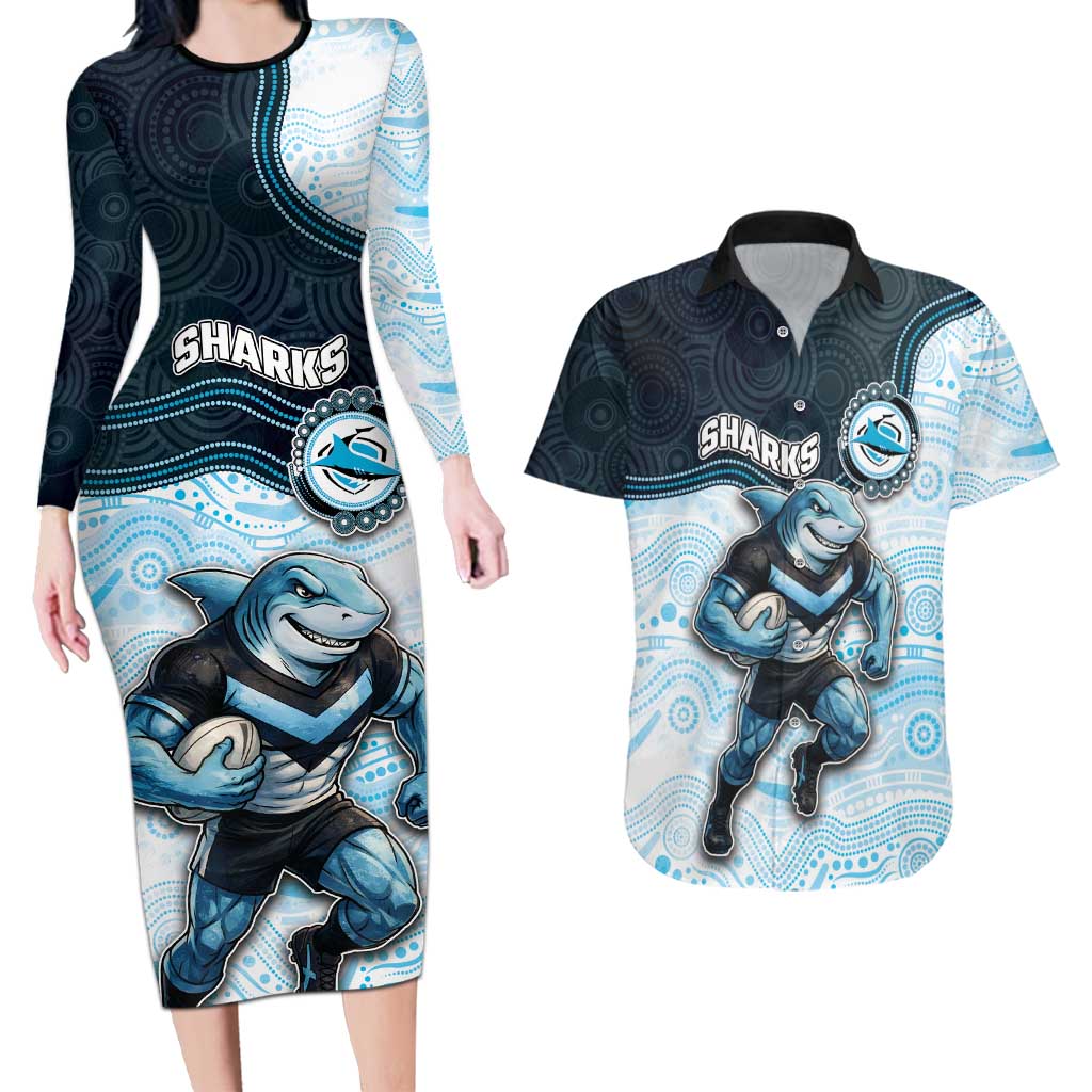 Custom Sharks Couples Matching Long Sleeve Bodycon Dress and Hawaiian Shirt Fish Mascot With Aboriginal Indigenous